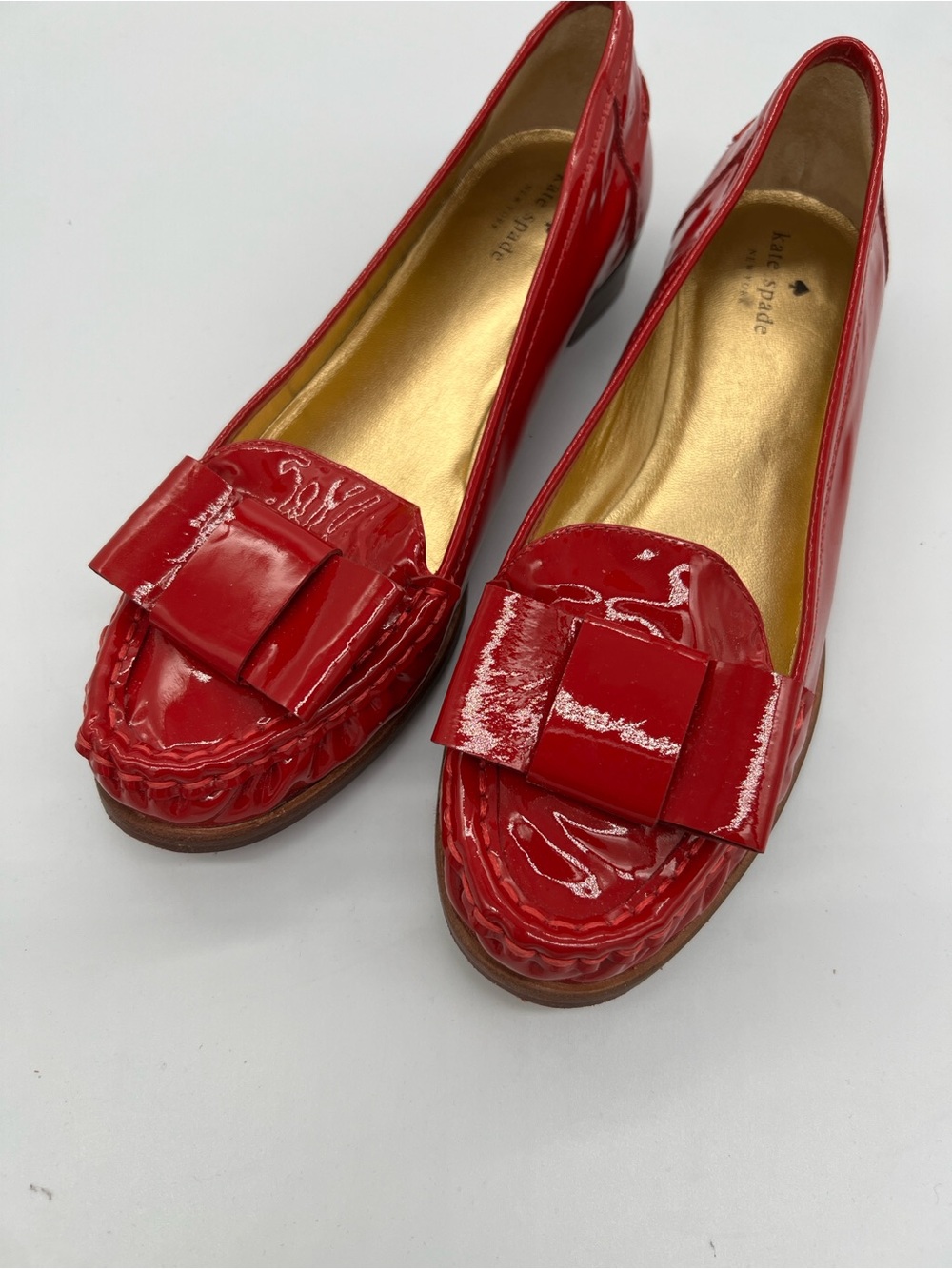 kate spade Red Patent Leather Bow Loafers with Gold Insole